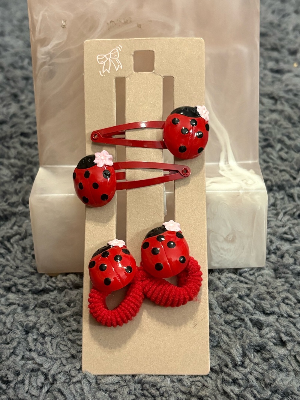 NWT Red Ladybug Hair Clips & Elastics Set